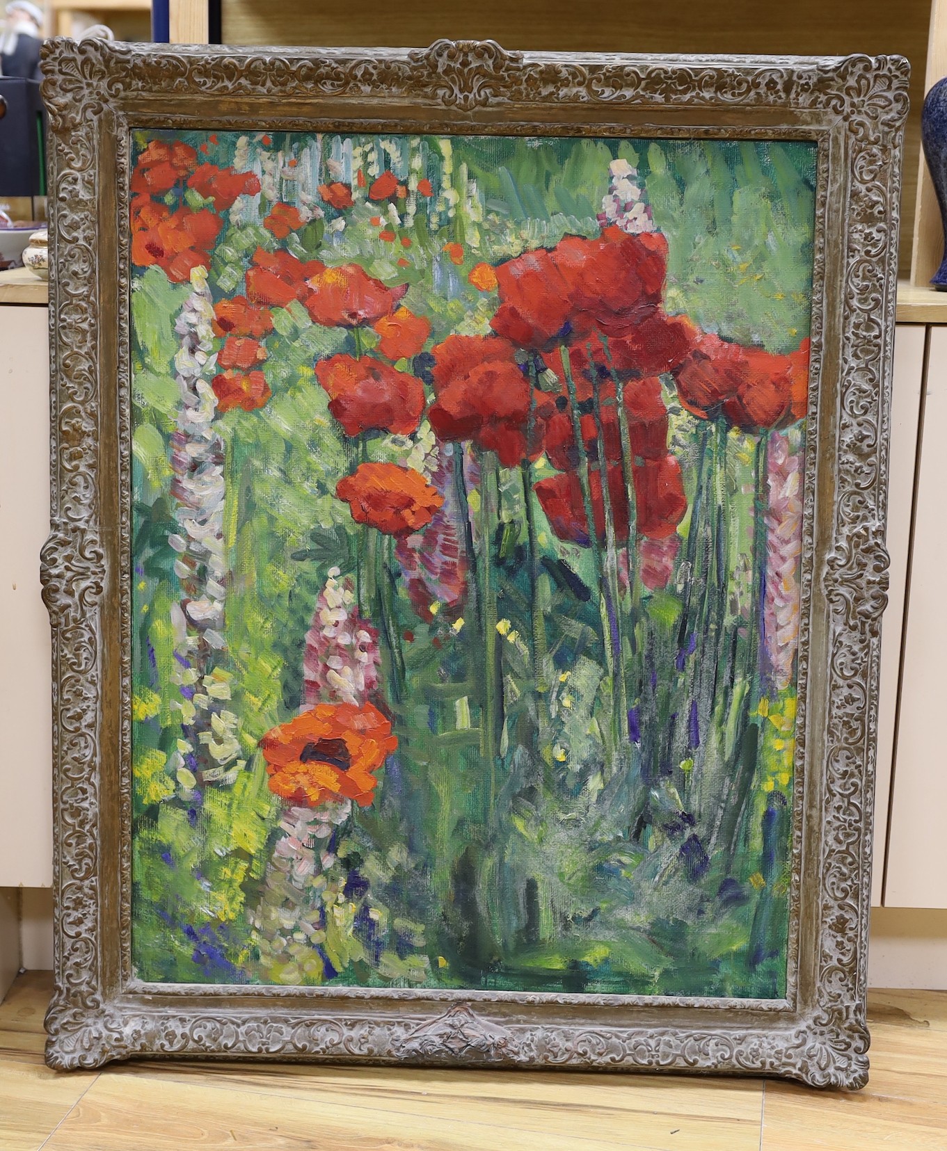 Clemence Dane (1888-1965) oil on canvas, Poppies and Lupins, 91 x 70cm